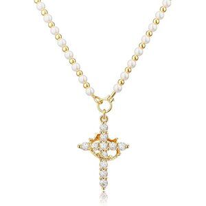 Women E Pearl Necklace, Gold 14K Gold Plated Crown Cross Necklace - Non-Tarnish